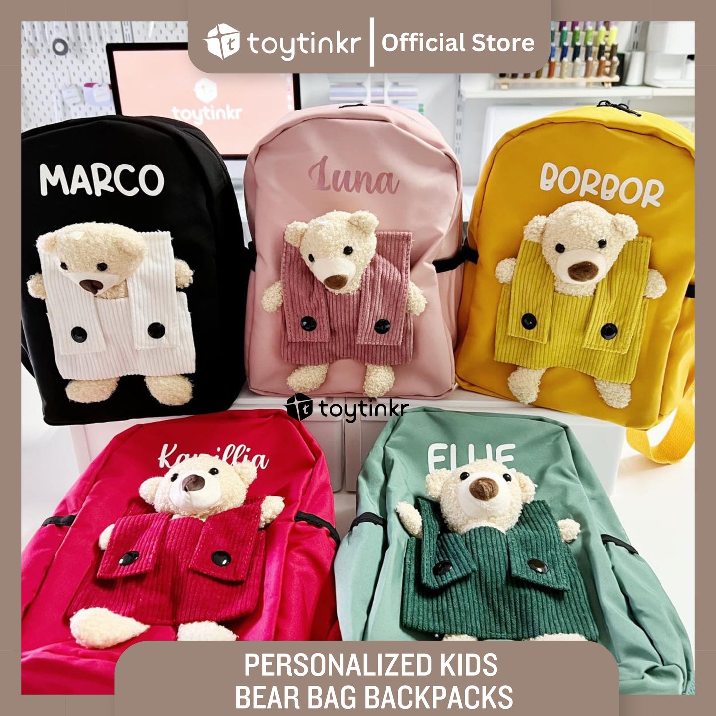 Personalized Kids Bear Bag Backpacks- (ALL CAPS WHITE FONT ONLY) by Toytinkr