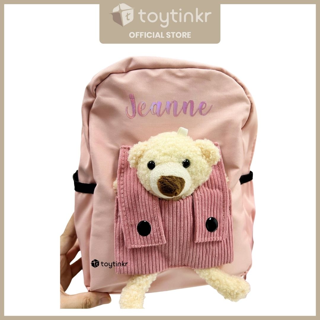 Personalized Kids Bear Bag Backpacks- (ALL CAPS WHITE FONT ONLY) by Toytinkr