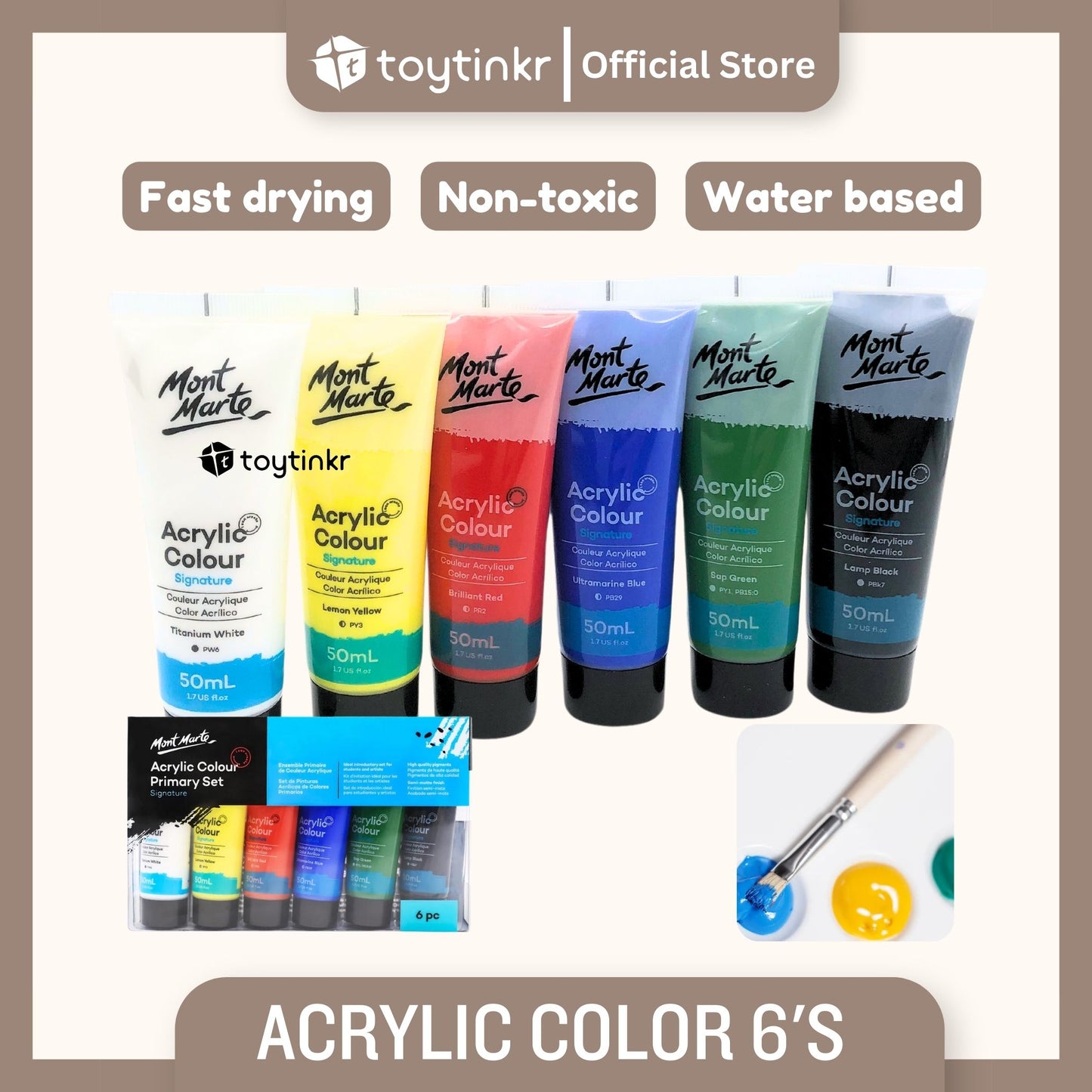 Mont Marte Acrylic Paints - 6 Colors for Artists & Beginners by Toytinkr