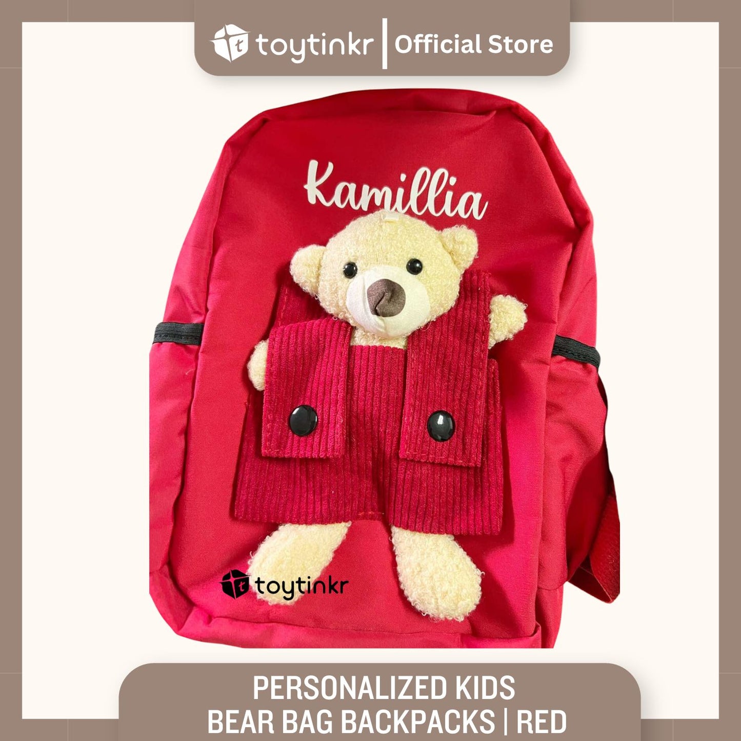 Personalized Kids Bear Bag Backpacks- (ALL CAPS WHITE FONT ONLY) by Toytinkr