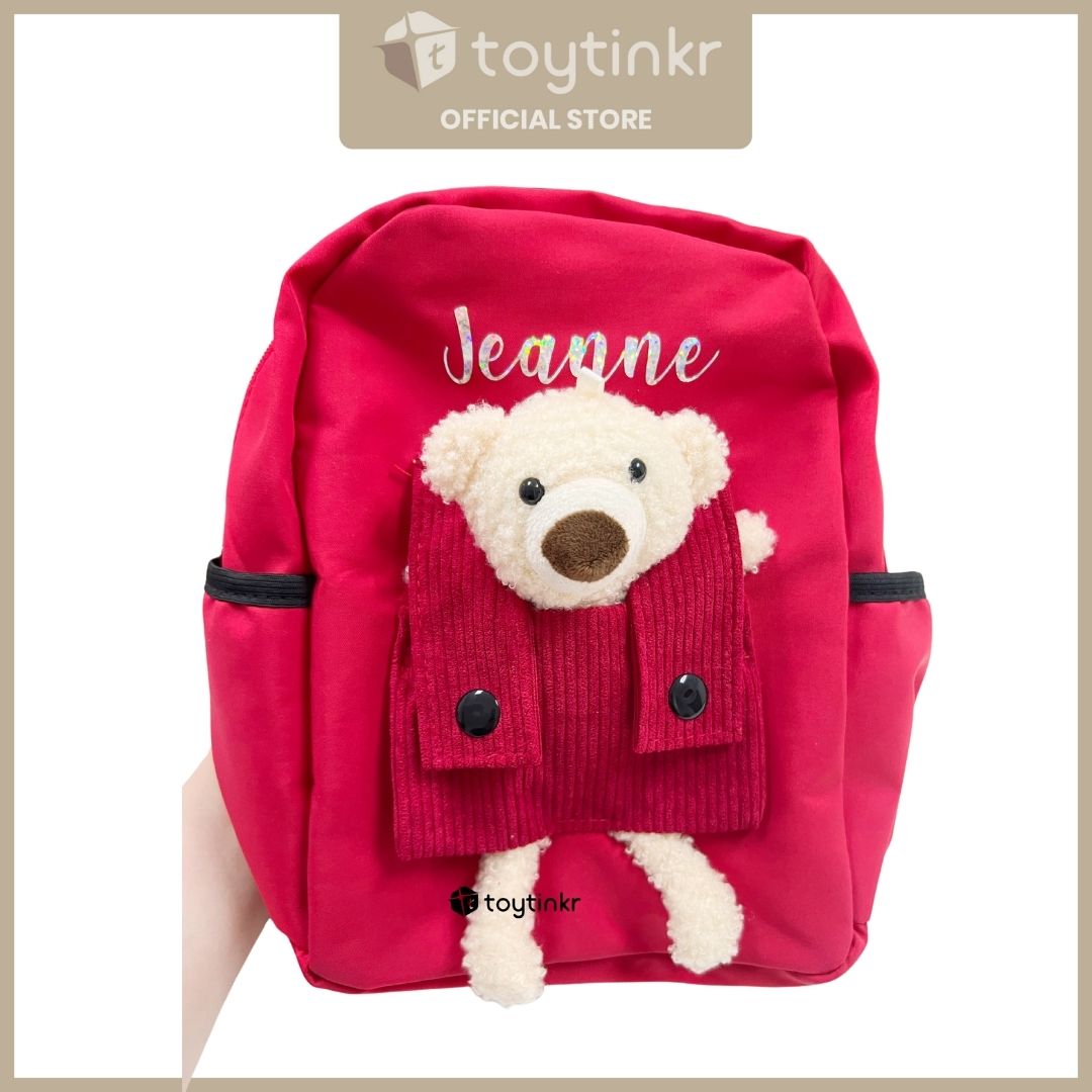Personalized Kids Bear Bag Backpacks- (ALL CAPS WHITE FONT ONLY) by Toytinkr