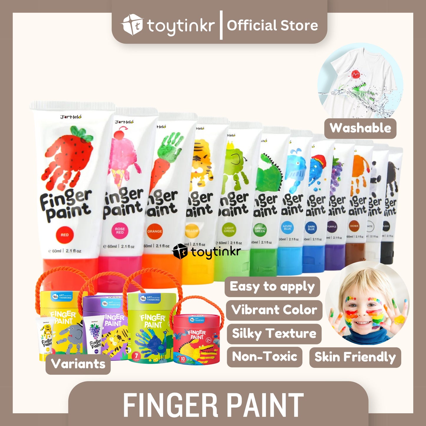 Jar Melo Washable Finger Paint 6, 7, 10 and 12 Colors Non Toxic by Toytinkr