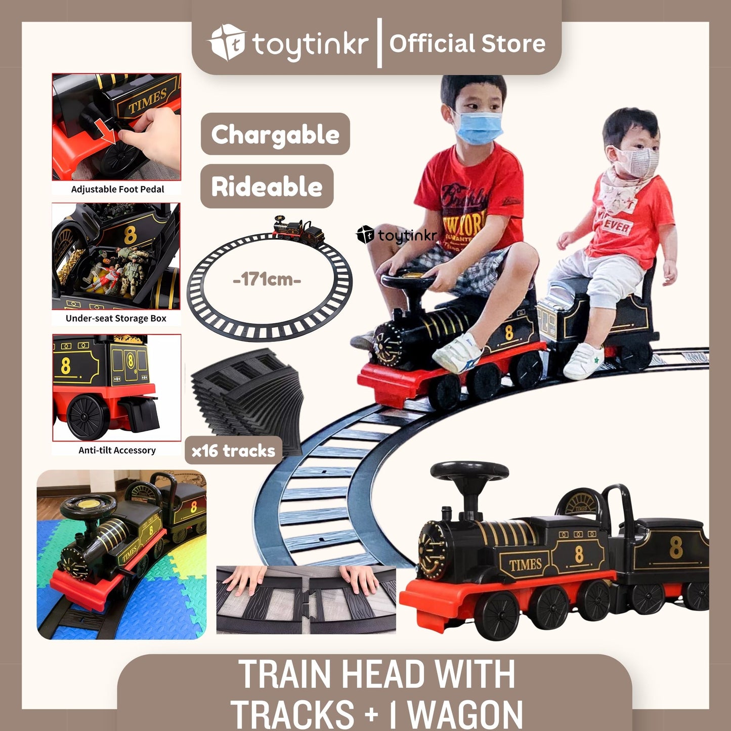 Ride on Train Head with Tracks + 1 Wagon by Toytinkr