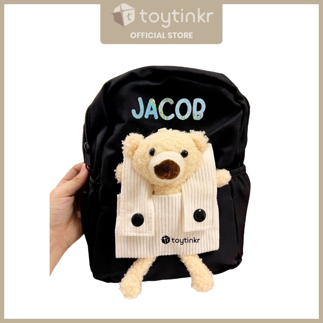 Personalized Kids Bear Bag Backpacks- (ALL CAPS WHITE FONT ONLY) by Toytinkr