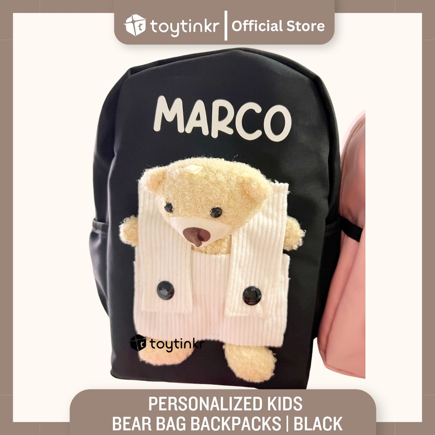 Personalized Kids Bear Bag Backpacks- (ALL CAPS WHITE FONT ONLY) by Toytinkr