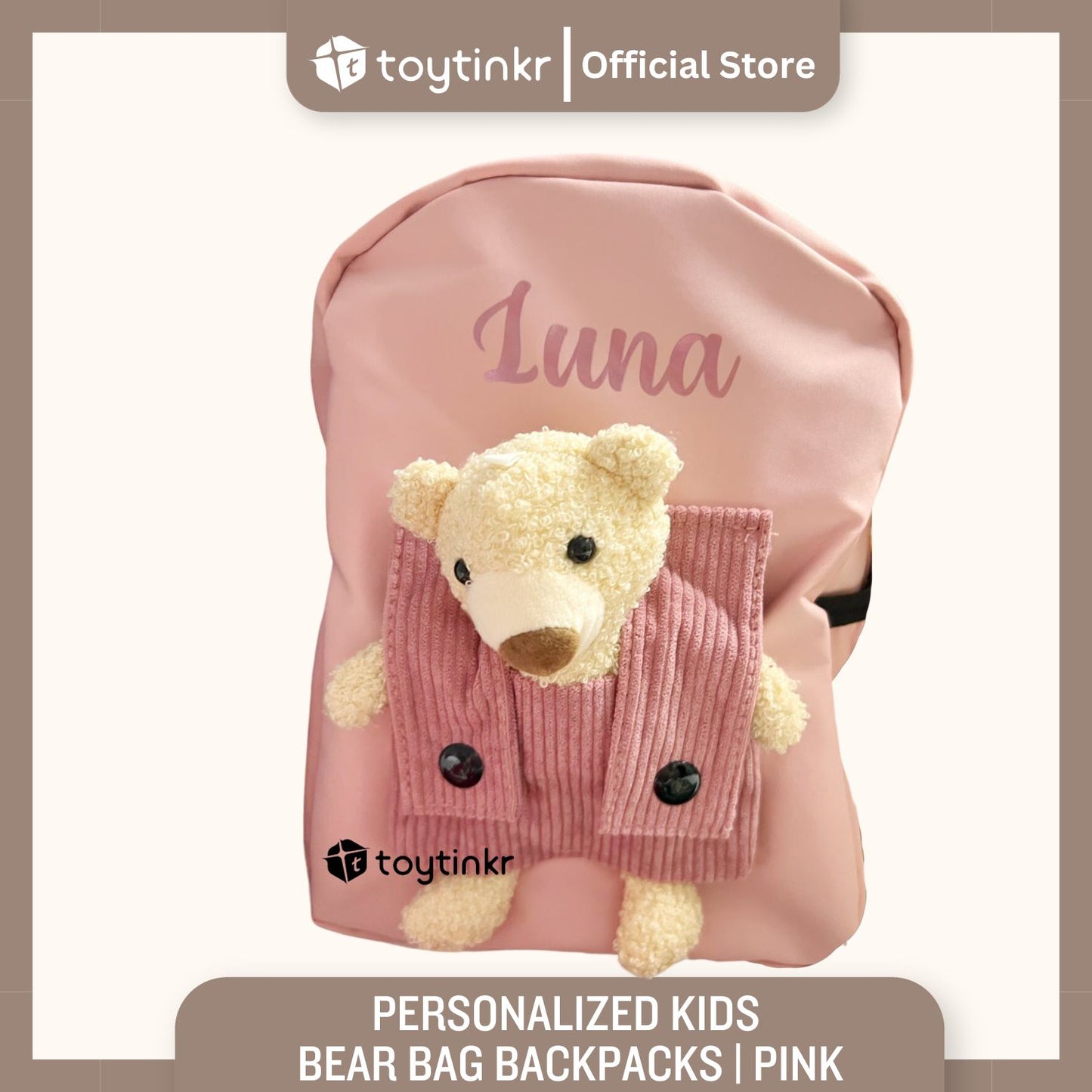 Personalized Kids Bear Bag Backpacks- (ALL CAPS WHITE FONT ONLY) by Toytinkr