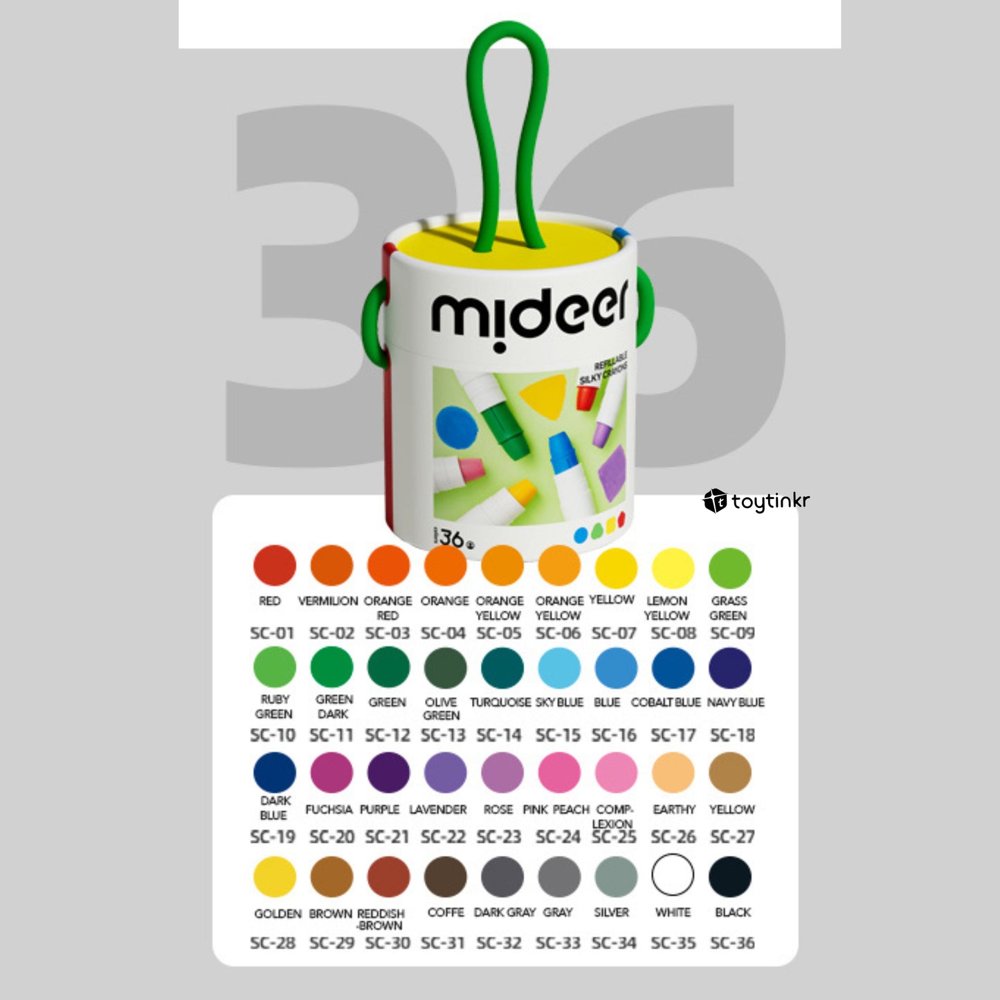 Mideer Washable Refillable Silky Crayons - 36 Colors by Toytinkr