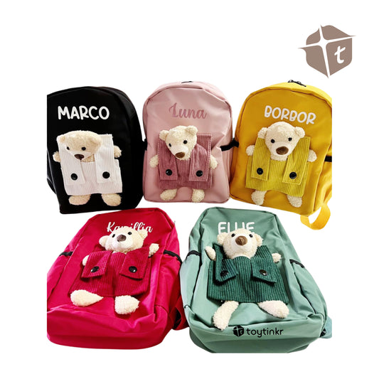 Personalized Kids Bear Bag Backpacks- (ALL CAPS WHITE FONT ONLY) by Toytinkr